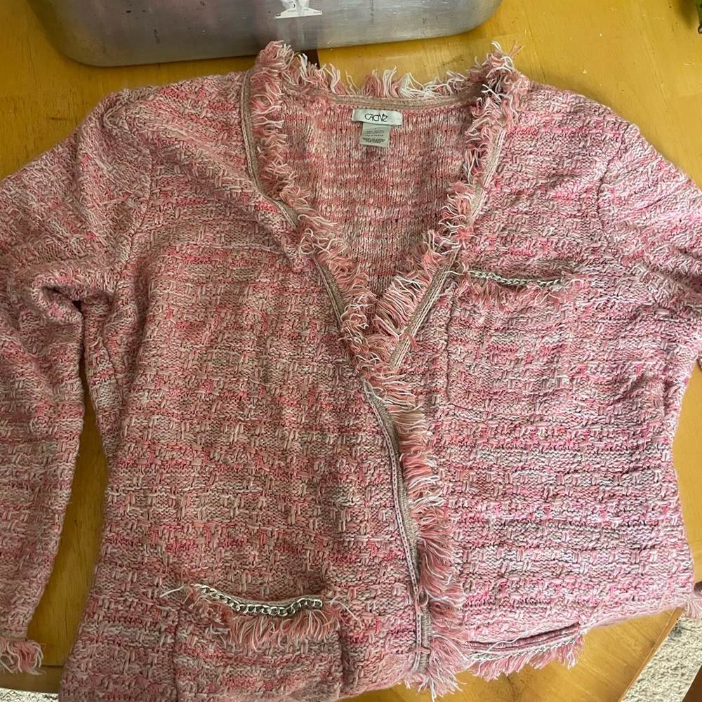 Cache Pink and Cream Fringed Knit Top
